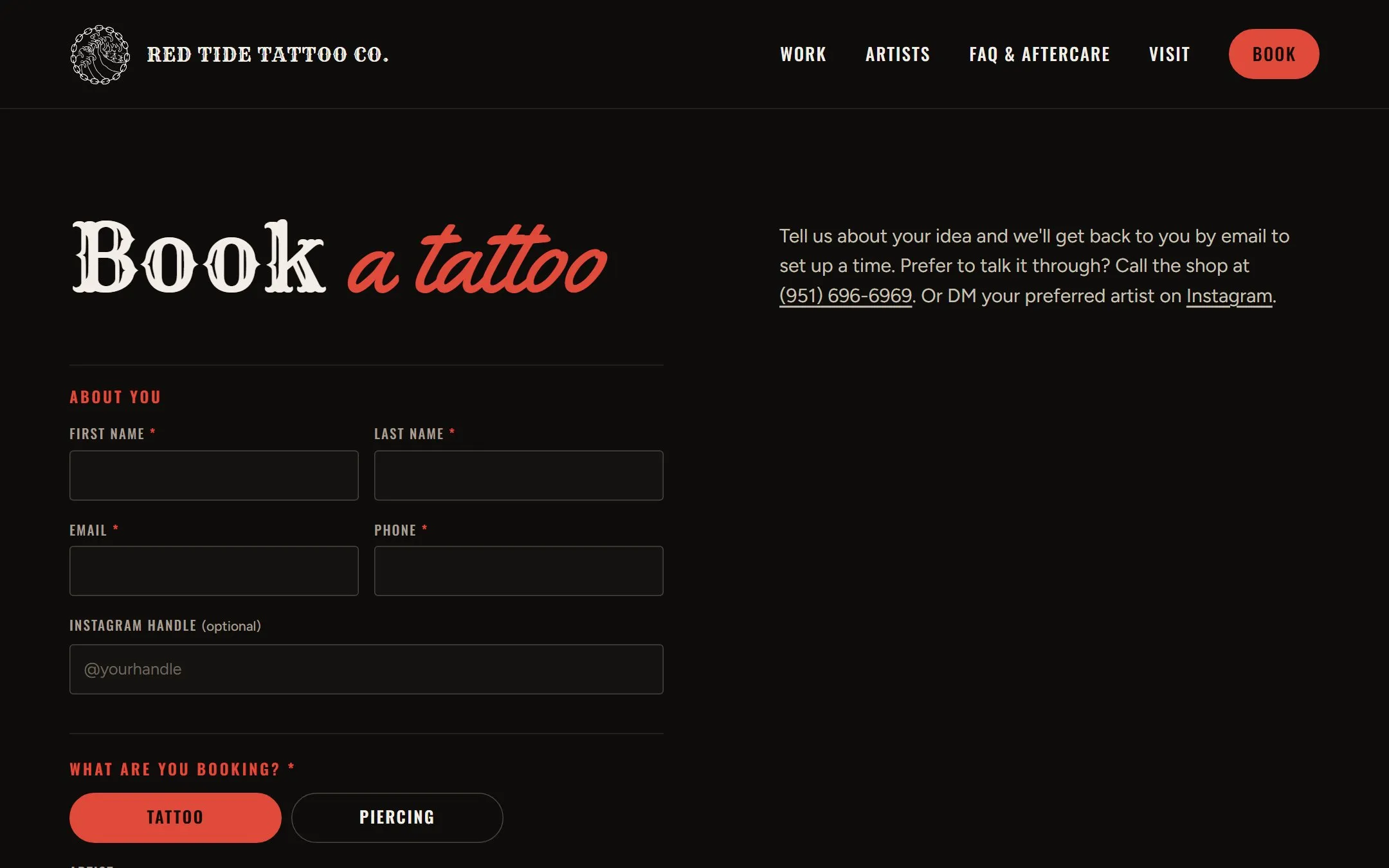 The appointment request form: name, email, phone and optional Instagram handle, then a choice between tattoo and piercing.