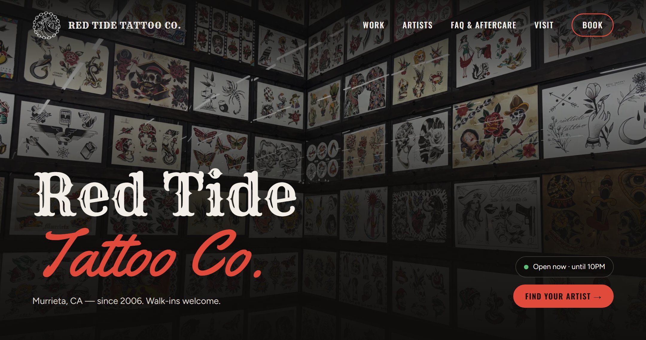 The Red Tide Tattoo Co. home page: the studio’s flash-covered walls behind the shop name, an “Open now” badge and a “Find your artist” button.